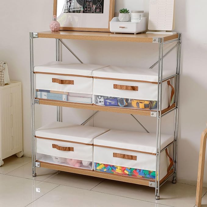Lidded Storage and Organizer for Closet, Collapsible Fabric Storage Bins with Handles, Large Stackable Cabinet and Shelf Basket for Clothes, Towels, Nursery, Beige, 4 Pack