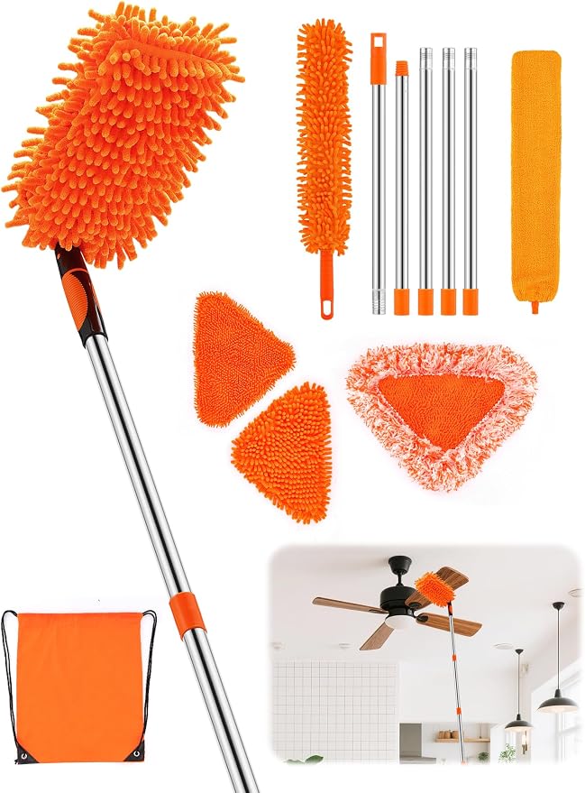 Ceiling Fan Cleaner Duster Kit, 4-in-1 with 76" Extendable Handle | 180° Rotating Head for Fan Blades, Blinds, Walls and Dusting, Wall Cleaner Mop Feather Duster Cleaning Kit