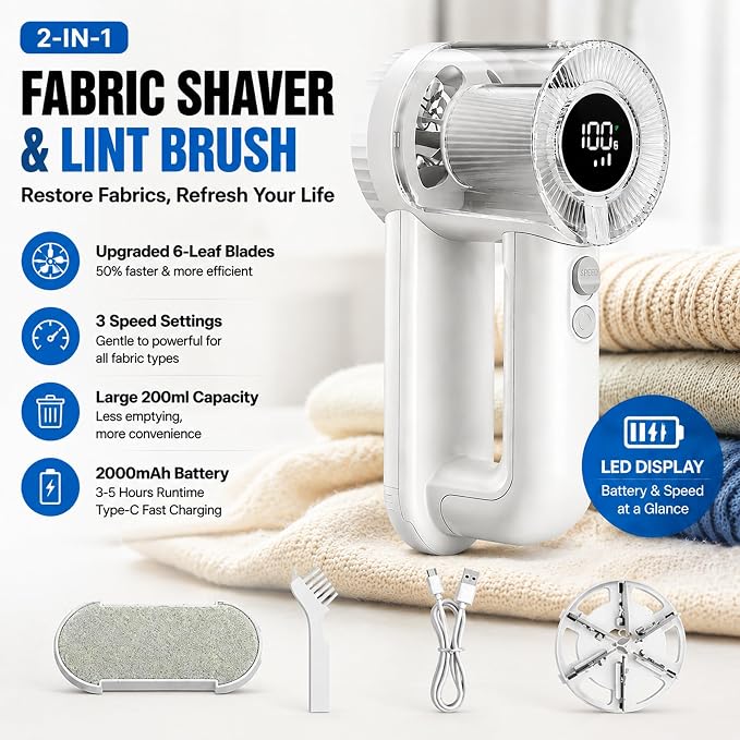 Rechargeable Fabric Shaver Lint Remover, 2-in-1 6-Blade Lint Shaver for Clothes Sweater Furniture, 3-Speed, LED Display, 2000mAh USB-C, 200ml Container, Removes Fuzz & Pilling