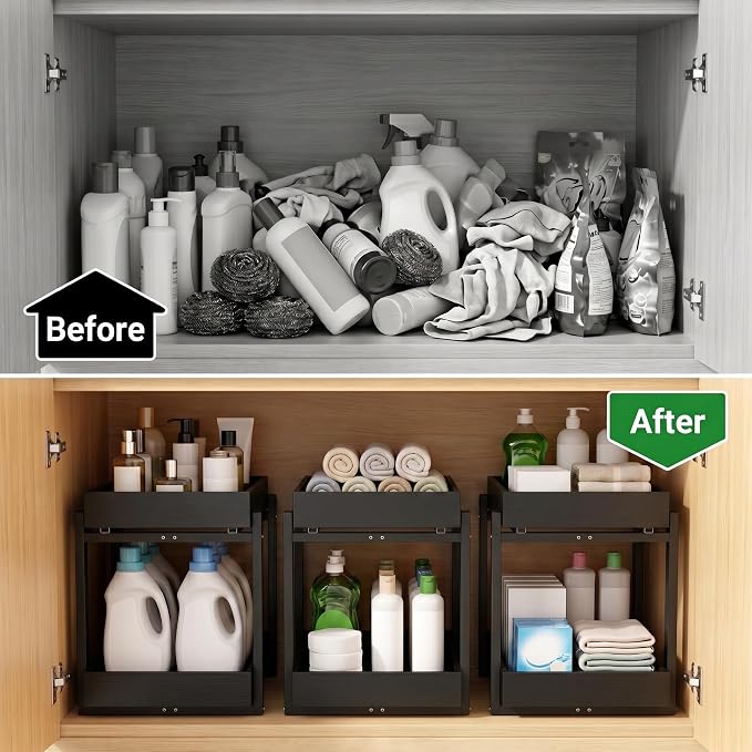 Bamboo Under Sink Organizer and Storage, 2 Pack Pull Out Cabinet Organization, 2 Tier Vertical Slide Out Undersink Storage Shelf, Multi-Purpose Organizer Shelves for Kitchen Bathroom Medicine