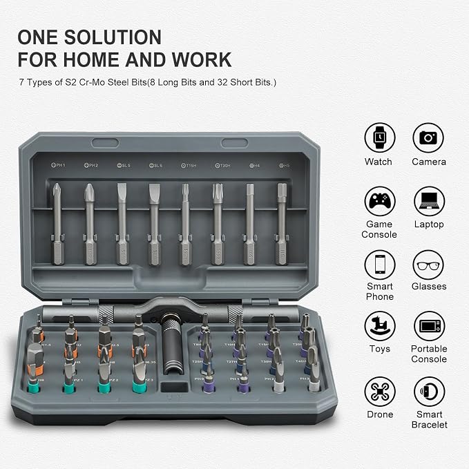 42 in 1 Magnetic Screwdriver, Screwdriver Set, Multi Bit Ratcheting Screwdriver Set with Storage Case Repair Tool Kit for Computer, Eyeglass, Bicycles, Watch, Ring Doorbell, Furniture and DIY