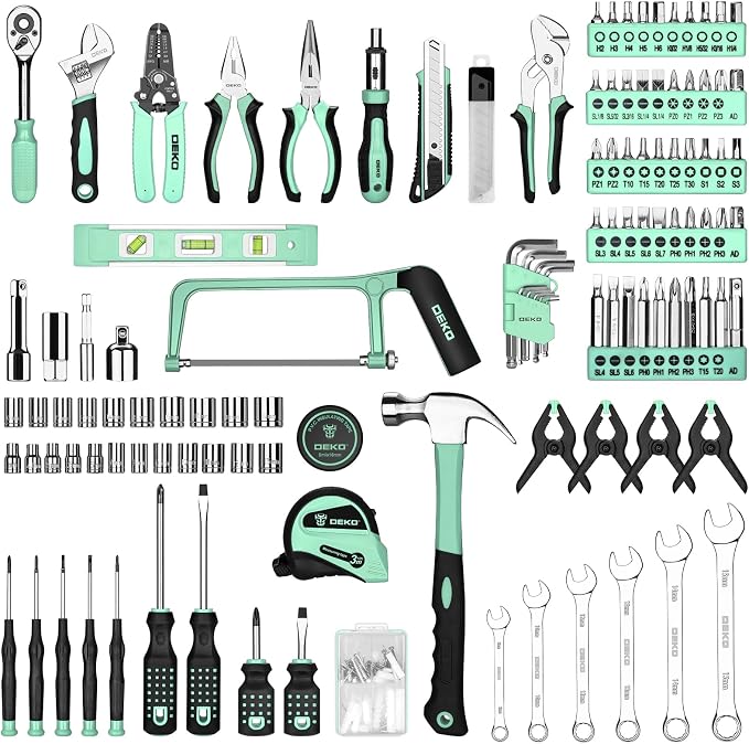 DEKOPRO Tool Set: 228 Piece Home Tool Kit, Household Basic Repair Tool Set Comes with Storage ToolBox, Socket Wrench Set for Car, Hand Tool Box Set for Home - Turquoise