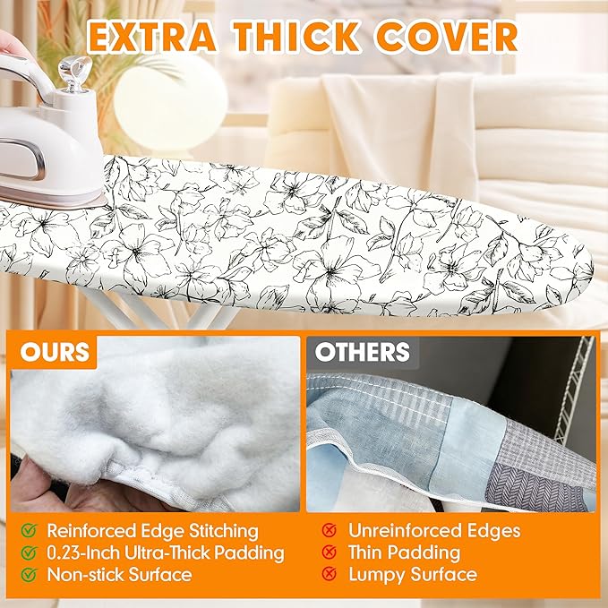 Ironing Board Cover and Pad, 21x57 Extra Large Thick Iron Padding, Scorch & Stain Resistant Ironing board cover, Heavy Duty Iron Board Padded with Adjustable Fasteners Elastic Edge, Floral White