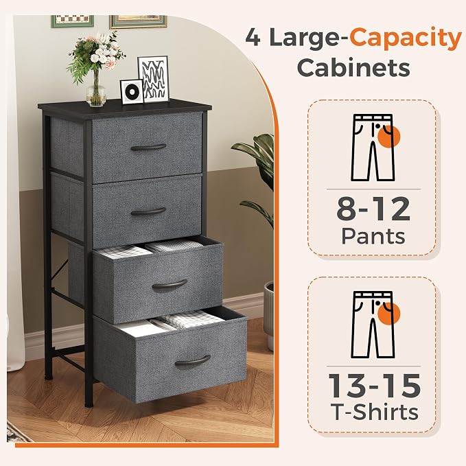 Sweetcrispy Dresser for Bedroom, 4 Drawer Storage Cabinet, Tall Nightstand | Small Fabric Dresser for Closet, Chest of Drawers, Closet Organizer, Home Furniture, Dorm, Sturdy Frame, Gray