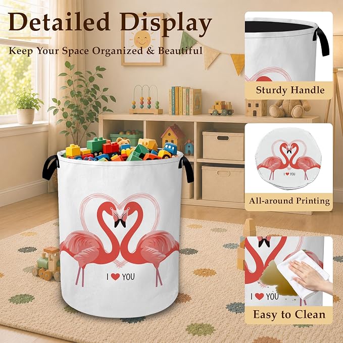 Pink Flamingo Heart Large Clothes Hamper, Portable Collapsible Laundry Basket with Handles, Freestanding Storage Bin for Bedroom Bathroom Dorm Laundry Room