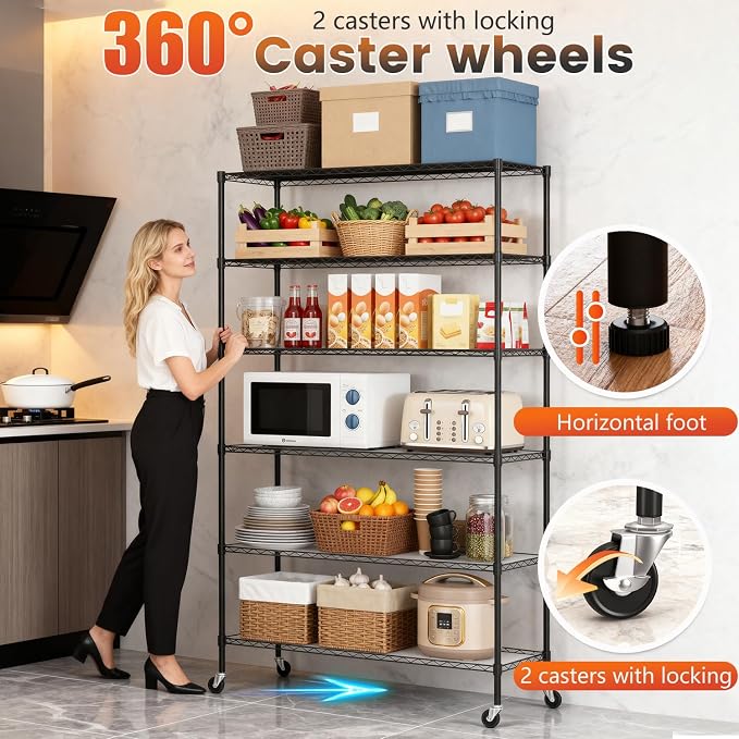 FDW | 6-Tier Wire Storage Shelves with PP Shim | 45"x18"x82" Wheels | Black | Adjustable Racks | Heavy-Duty Metal Shelf, Holds Upto 2100 lbs | Tool-Free Assembly, Rust-Resistant | for Home & Garage