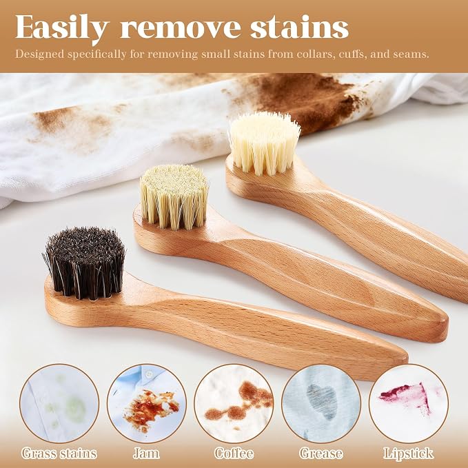 3 Pcs Wooden Laundry Stain Brush Stain Remover Dauber Brushes with Round Head Boar Bristle Small Stain Brush for Clothes for Scrubbing Stains from Furniture Fabric Leather(Style A)