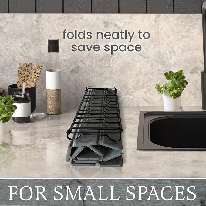 Stone Drying Mat + Foldable Black Metal Dish Rack – Complete 2-Tier Kitchen Drying System – Ultra Absorbent Dark Gray Mat for Plates, Glasses & Cutlery – Modern & Hygienic Counter Organizer - 24"x16"