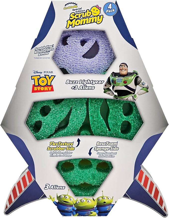 Scrub Daddy Scrub Mommy Toy Story Rocket Ship FlexTexture + ResoFoam Cleaning Sponges - Non-Scratch Sponges for Everyday Cleaning - Kitchen, Bathroom & Outdoor - Kitchen Sponges for Dishes (4 Count)