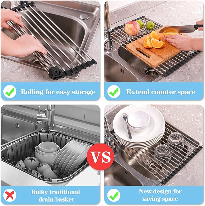 Seropy Roll Up Dish Drying Rack Over the Sink Drying Rack for Kitchen, Folding Dish Rack Over Sink Mat, Stainless Steel Dish Drainer Rack Kitchen Organizer Accessories Black 17"x11.8"