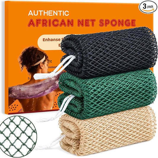 African Net Sponge Authentic Exfoliating Washcloth Body Back Scrubber 3 Pcs | 46 Inch Shower Loofah Exfoliating Bath Sponge for Women and Men Daily Use Body Care Travel Portable Accessories Spa Gifts