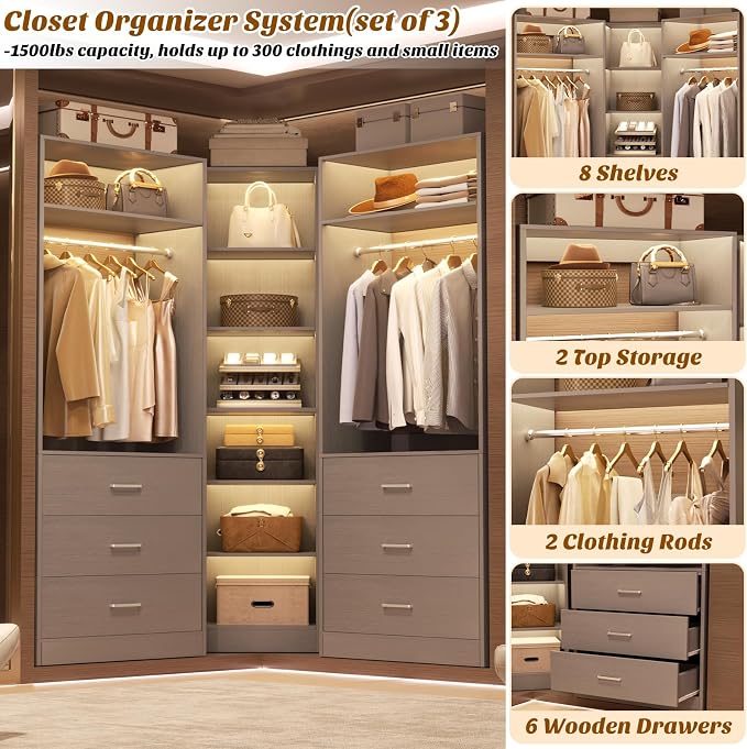 Besiost Closet System with 6 Drawers & 10 Shelves, Corner Closet Organizer System, Reversible Walk-in Closets, (L-Shaped 31.5" L * 31.5" W / I-Shaped 62.9" L * 15" W), Load 1500+LBS, Grey
