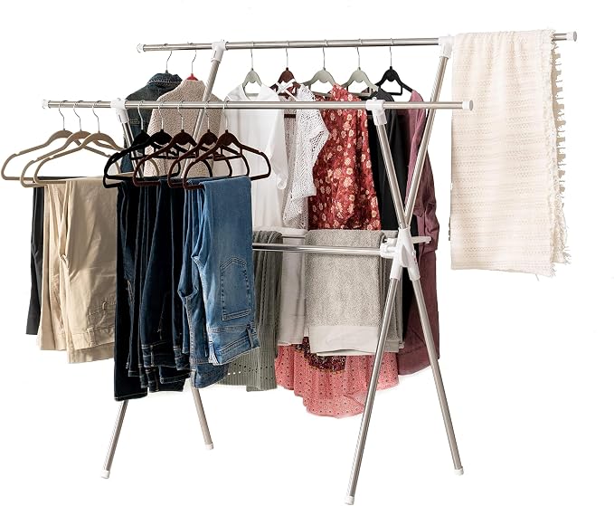 IRIS USA Foldable Drying Rack with Extendable Rods for Large Laundry Loads, Clothes Drying Rack, Freestanding Foldable Laundry Rack, Anti-Skid Feet, Portable and Storable, Silver