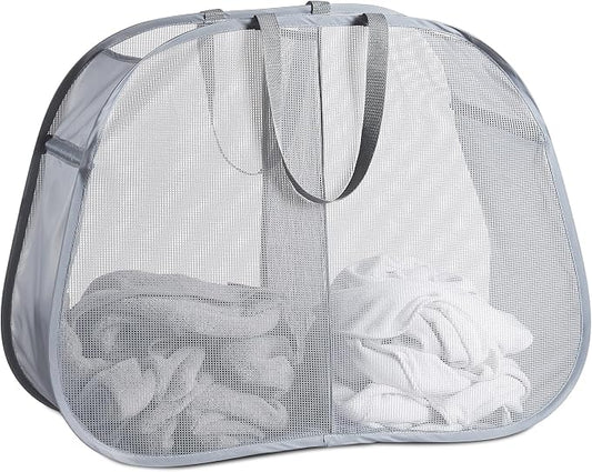 Seiritex Mesh Popup Laundry Hamper 2 Compartment, Collapsible Laundry Sorter Basket Foldable Hamper for Clothes, College Dorm, Travel (Gray)