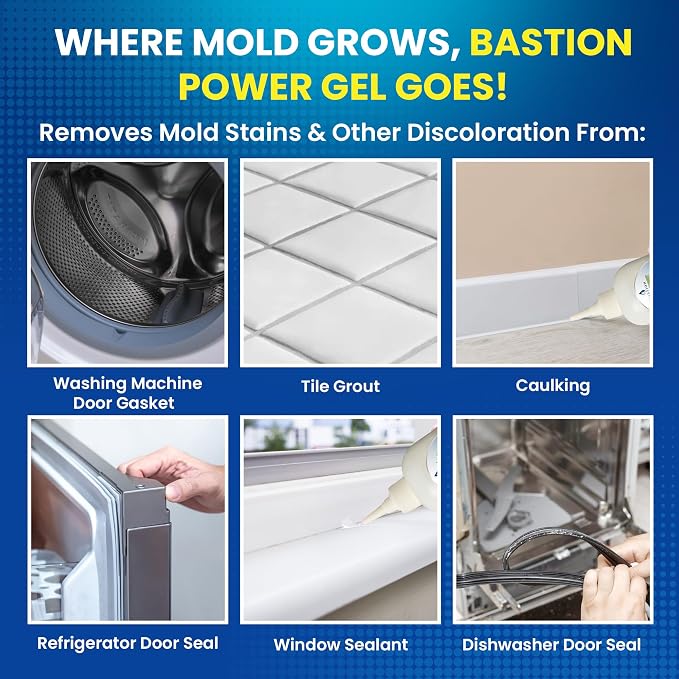 Bastion Mold Stain Remover Power Gel Cleaner Heavy Duty Cleaning Solution for Front Loader Washing Machine Seal, Bathroom Grout, Shower, Caulk (7 fl oz)