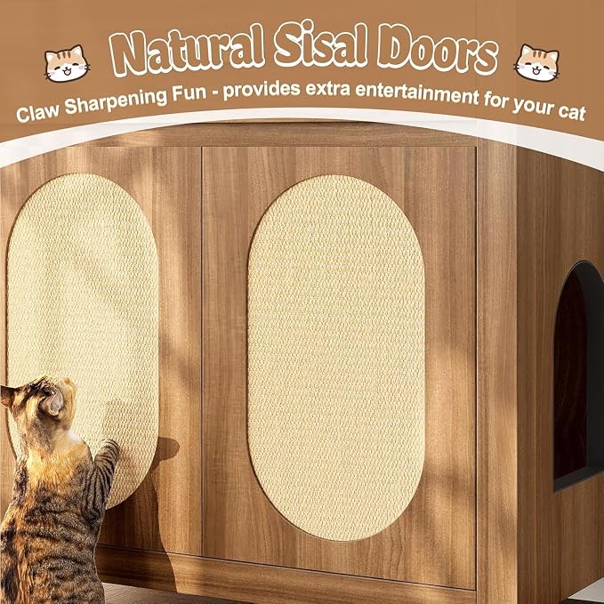 Cat Litter Box Enclosure, Hidden Litter Box Dog Proof with Sisal Scratching Board Doors and Drawer, Wooden Hidden Cat Litter Box Enclosure Furniture with Storage Drawer