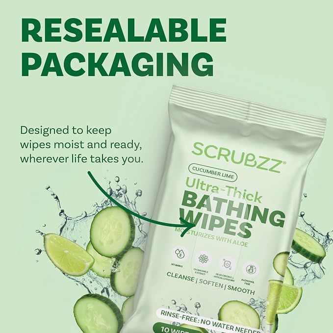 Extra Large Body Wipes for Adults Bathing No Rinse - 40 Ultra Thick Disposable Shower Wipes for Men, Women & Elderly - Great for Gym, Camping, Post Surgery - Cucumber Lime