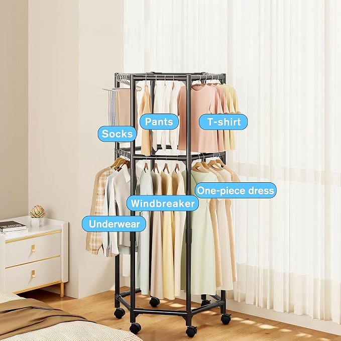 360° Rotating Multi-Tier Clothes Drying Rack with Wheels | Heavy-Duty Metal Garment Organizer for Bedroom, Closet, Balcony & Laundry Room | Space-Saving Corner Clothing Hanger Stand