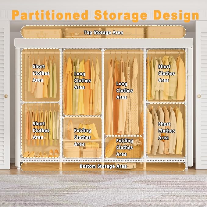 ULIFHOME Clothes Rack with Cover, Large Clothing Racks for Hanging Clothes | H41C Heavy Duty Garment Rack, Adjustable Shelves and Rods, Max Load 1150 Lbs, White Portable Closet Rack with White Cover