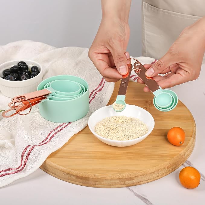 8-Piece Stackable Rose Gold Stainless Steel Handled Measuring Cups and Spoons for Measuring Dry and Liquid Ingredients (green)