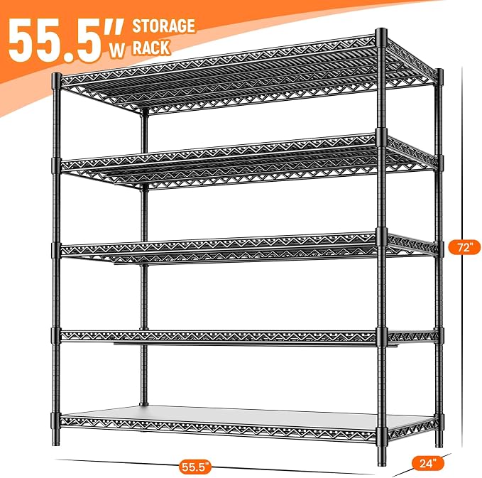24" D Storage Shelves 3300 LBS Heavy Duty Garage Shelving, 5 Tier Metal Shelving Adjustable Wire Shelving Unit with Liners, 55" W x 24" D x 72" H for Commercial Warehouse, Black