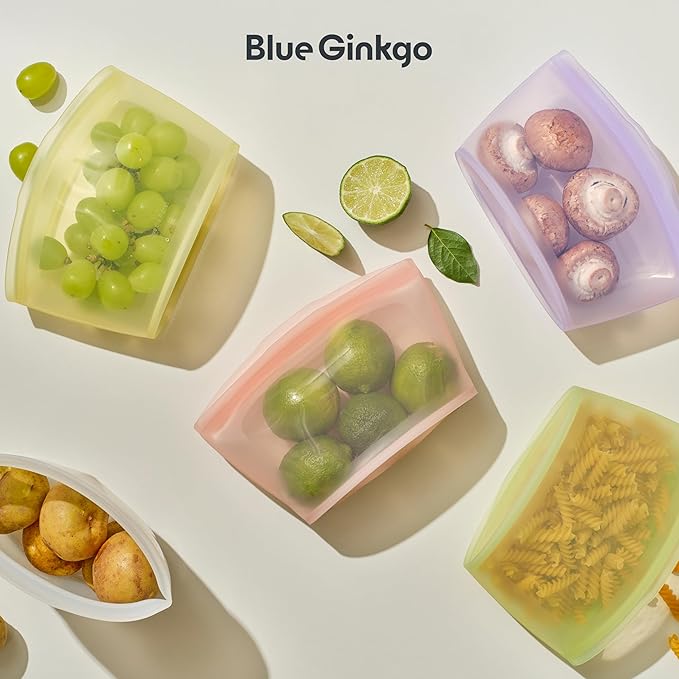 Blue Ginkgo Reusable Silicone Storage Bags – 3-Pack | Korean-Made Stand Up Food, Freezer Bags - Olive Green