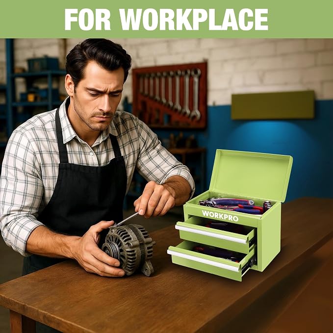 WORKPRO Metal Mini Tool Box with 2 Drawers and Top Storage | Cold Rolled Steel Toolbox, Ball Bearing Slides, PVC Drawer Liners, PP Feet Pads, Durable Storage