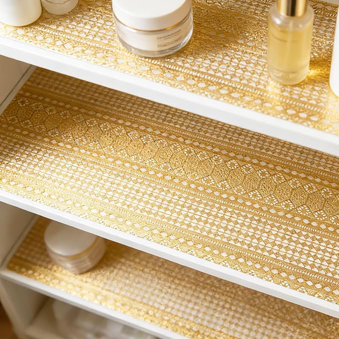 Drawer and Shelf Liner - Gold Geometric Lace Pattern,Non Adhesive | Non Slip Waterproof Easy-Clean Shelf Liner for Kitchen Cabinet, Bathroom, Pantry Storage Drawers, 17 in x 30 Ft
