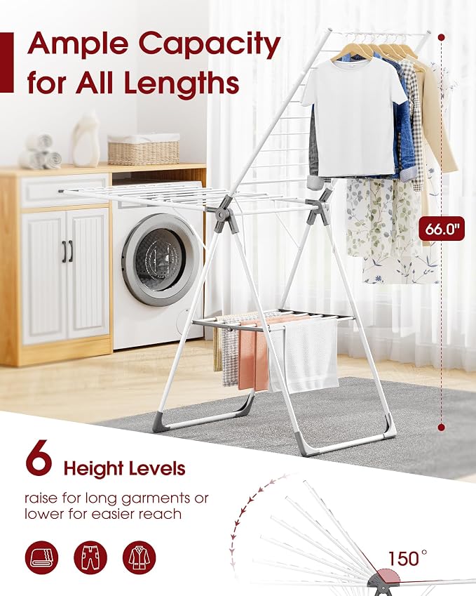 Sakugi Clothes Drying Rack, 69.5" Adjustable Wings, Foldable Design | Laundry Room, Bedroom, Outdoor & Indoor Use, Height Adjustable, Collapsible, White Gray, 69.5" L × 22.8" W