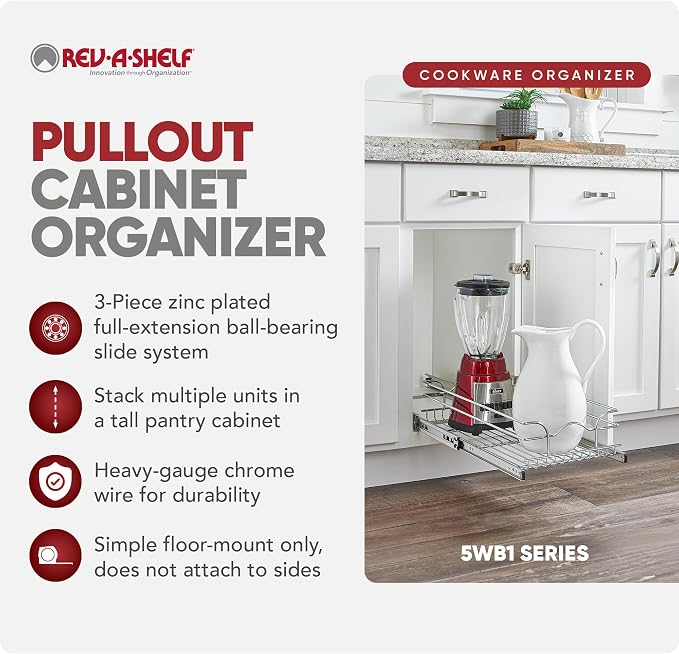 Rev-A-Shelf Steel Wire Pullout Drawer Organizer Shelf for Kitchen Cabinets, Slide Out Storage Basket, Min Opening Width of 11.5" W, 12" x 22", 5WB1-1222CR-1
