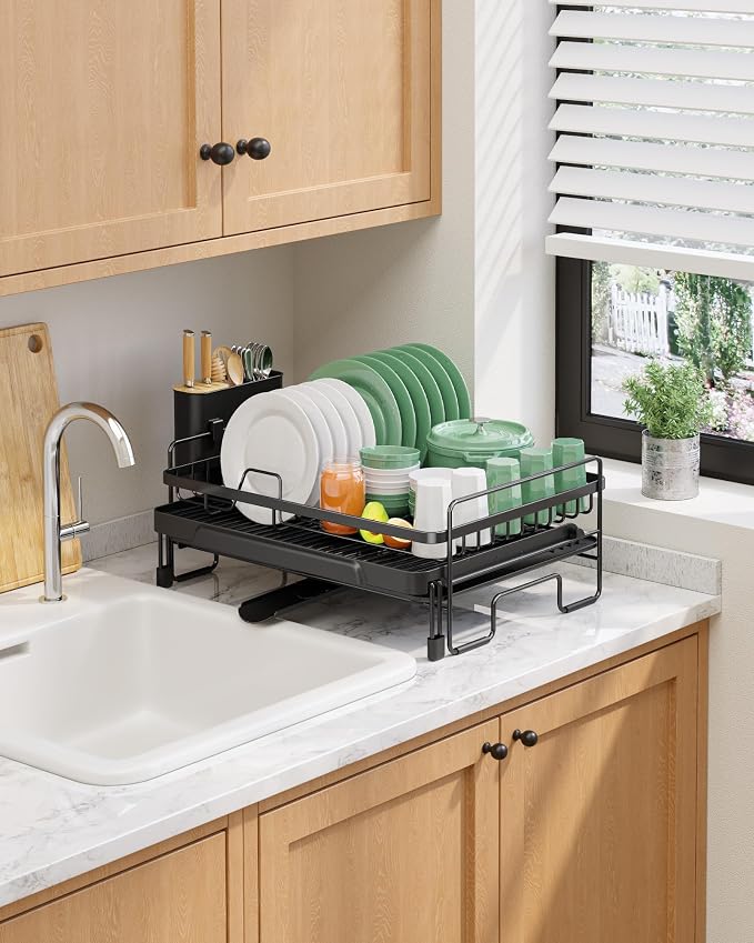 Kitsure Extendable Dish Drying Rack - Adjustable Length 12.8"–21.0", Auto-Draining Dish Rack for Kitchen Counter, Rust-Resistant Metal Frame Over-Sink Support for Plates, Bowls & Utensils, Black