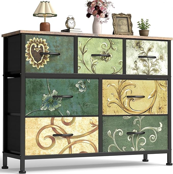 OLIXIS 7 Drawer Closet Organizer, Storage Tower with Sturdy Steel Frame | Dresser for Bedroom, Wooden Top & Easy Pull Fabric Bins, Clothes Organization, Living Room Entryway, Floral