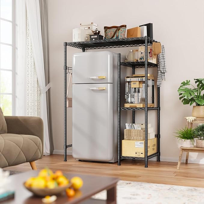 REIBII Mini Fridge Stand with Storage, 4-Tier Adjustable Shelves, 380 lbs | With 8 Hooks, Fits Mini Fridge & Kitchen Appliances, Heavy Duty Steel Frame, Easy Tool-Free Assembly, Dorm & Pantry