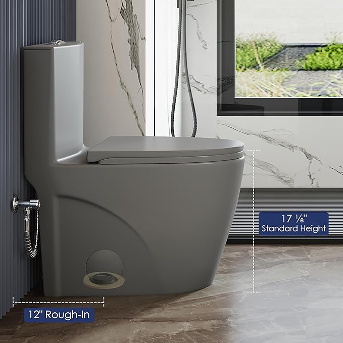Eridanus Elongated One Piece Toilet with Powerful Siphon Dual Flush 1.1/1.6 GPF, 12" Rough-In Modern Bathroom Toilets with Comfort Soft Closing Seat Height 17", ADA Compliant Bowl, Light Gray
