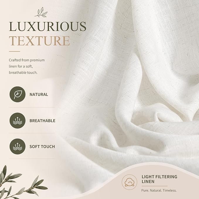 Hokibero Natural Linen Curtains 108 Inches Long for Living Room 2 Panels | Light Filtering Semi Sheer Curtain, Back Tab Rod Pocket Pleated Look, Ivory Privacy Drapes for Bedroom Window, Boho Farmhouse