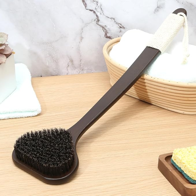 eaxun Bamboo Back Scrubber with Curved Long Handle, 17.3 Inches Exfoliating Shower Brush with Stiff Bristles for Men and Women, Back Washer Body Exfoliator for Bath or Dry Brushing