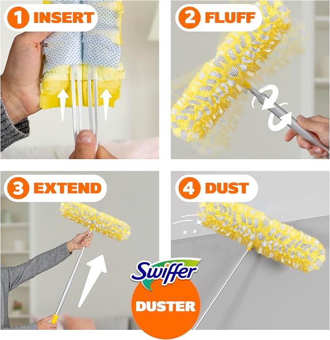 Swiffer Duster Kit with 6 ft Super Extendable Handle, Heavy Duty Starter Kit with 8 Refills, Lemon Scent