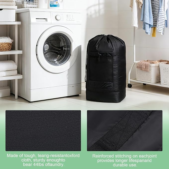 Backpack Laundry Bag,Large Travel Laundry Bags (Black) | with Shoulder Straps and Mesh Pockets,Laundry Backpack with Drawstring Closure for College,Trave,Dorm, Apartment,Laundromat