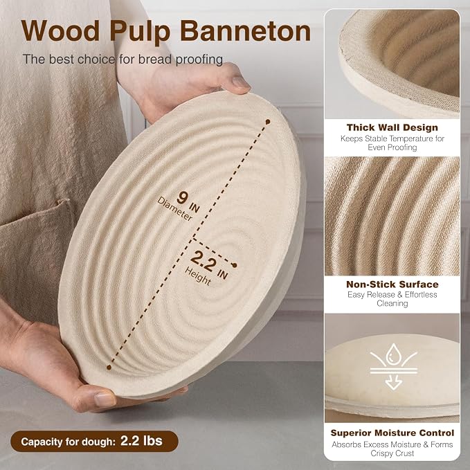 BAVIFY Sourdough Starter Kit, Banneton Bread Proofing Baskets Set, Sourdough Bread Baking Supplies Making Tools with Dough Scraper, Whisk, Bread Lame, Recipe, Wood Pulp Banneton - 2 Round Gift Set