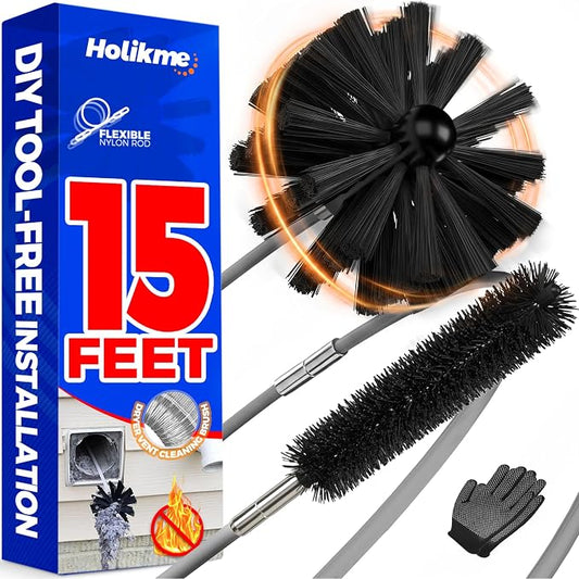 Holikme 15 Feet Dryer Vent Cleaner Kit, Lint Remover, Extends Up to 15 Feet, Synthetic Brush Head, Use with or Without a Power Drill,Gray