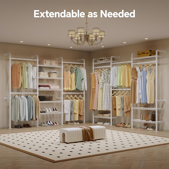 Higeego W3 Wall Mounted Closet System, Expandable Clothes Rack Heavy Duty Garment Rack Clothing Rack for Hanging Clothes, Industrial Pipe Closet Rack for Reach in Closet, White
