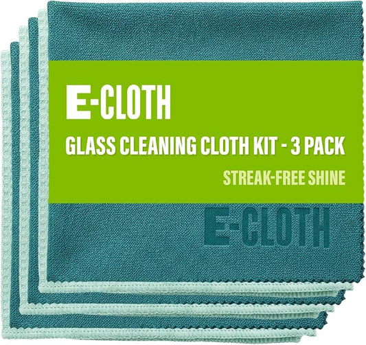 E-Cloth Microfiber Window Cleaning Cloth Kit - Glass Cleaning Cloth for Windows, Mirrors, Cars, Lenses, Eyeglasses, & More, Streak Free Clean, Machine Washable Reusable Towel - Winter Green (3 Kits)