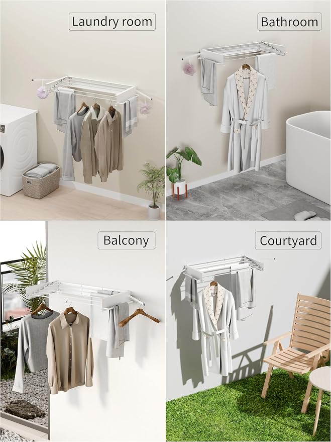JOOM Wall Mounted Clothes Drying Rack,31.5 Inch Foldable Rack,White,Poles | 5 Aluminum Rods, 60 lb Capacity Collapsible Wall Mount Laundry Drying Rack for Laundry Room, Bathroom, Balcony