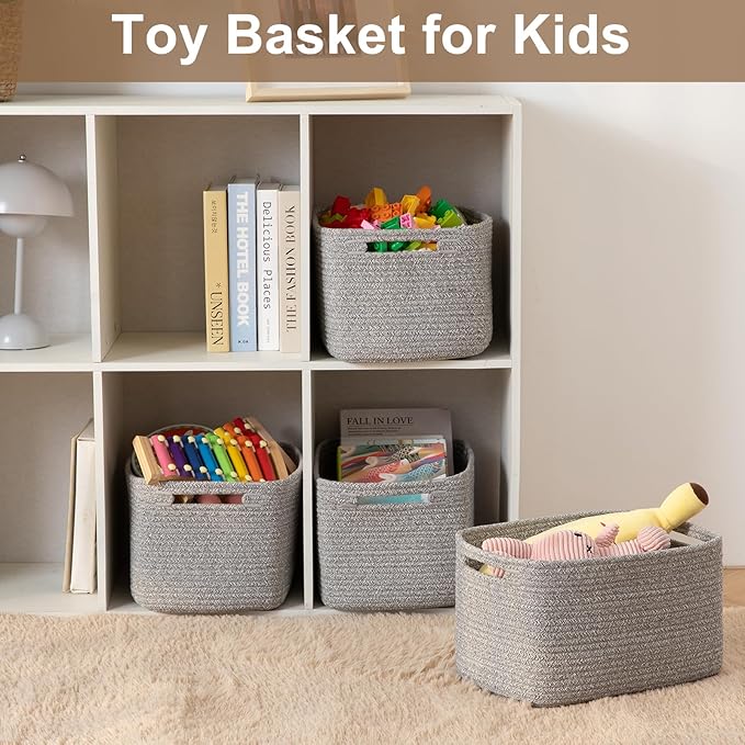 OIASKET Storage Baskets for Organizing, Woven Decorative Baskets for Shelves - Books, Towels, and Clothes, Cotton Rope Toy Storage Bins, 12.7''Lx9''Wx7.8''H, Pack of 4, Grey