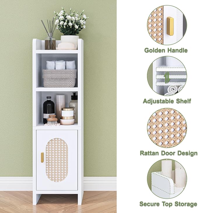 Small Bathroom Storage Cabinet, Narrow and Slim Storage Cabinet with Rattan Door and Adjustable Shelves, Corner Floor Bathroom Organizers and Storage for Small Space, White HSC001W