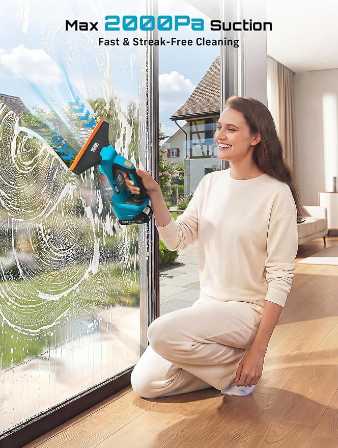 SEESII Cordless Window Vacuum Squeegee, 2000Pa Electric Window Squeegee, 60Mins Battery Life with 11" and 6.7" Squeegees for Mirrors, Glass, Tiles
