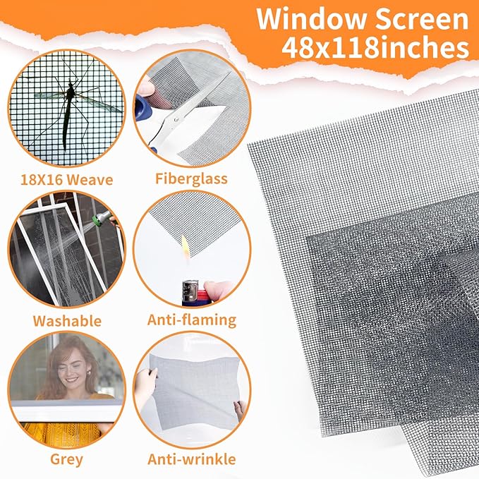 King&Charles Window Screen Replacement, 6in1 Window Screen Door Repair Kit | 48"x118" Gray Screen Mesh, Steel/Nylon Bearing Roller, 0.14in x 50ft Spline, 8 Clips & Hook for Windows, Doors, Patio & RV