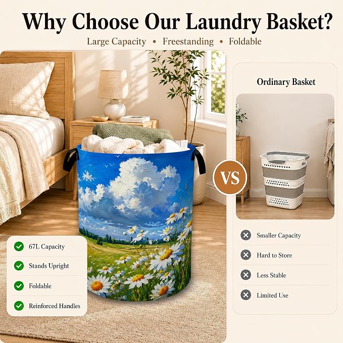 Sunny Daisy Meadow Laundry Basket with Handles, Foldable Tall Oxford Clothes Hamper, Lightweight Water-Resistant Storage Bin for Bedroom Bathroom College Dorm, 16 x 20.8 Inch
