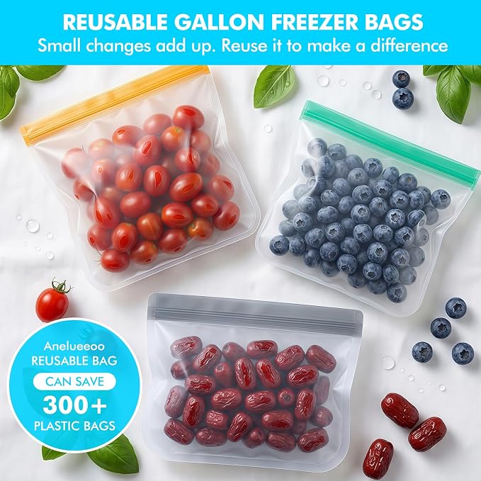 20 Pack Reusable Bags Dishwasher Safe, Leakproof Silicone Reusable Freezer Bags, Food Storage Bags BPA Free, Colored Baggies for Marinate Meats, Veggies, Salad Fruits (8 Gallon 6 Sandwich 6 Snack)