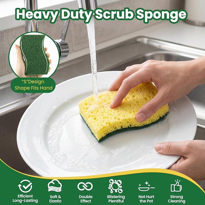 12 Count Heavy Duty Scrub Sponges,Dual Sided Kitchen Sponges for Non-Coated Cookware and Outdoor Grills, Flexible, Durable, and Strong, Long Lasting Cleaning Sponges for Cleaning Kitchen Dishes
